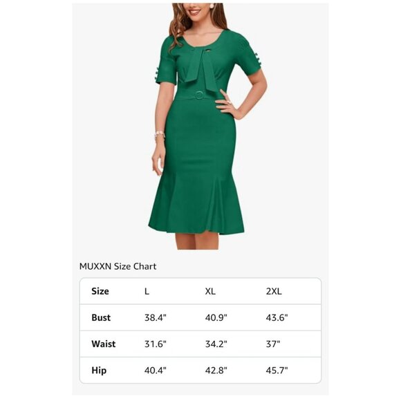 MUXXN Womens Vintage 1950s Midi Crew Neck Bodycon Dress Green Size XXL Stunning - Picture 10 of 13